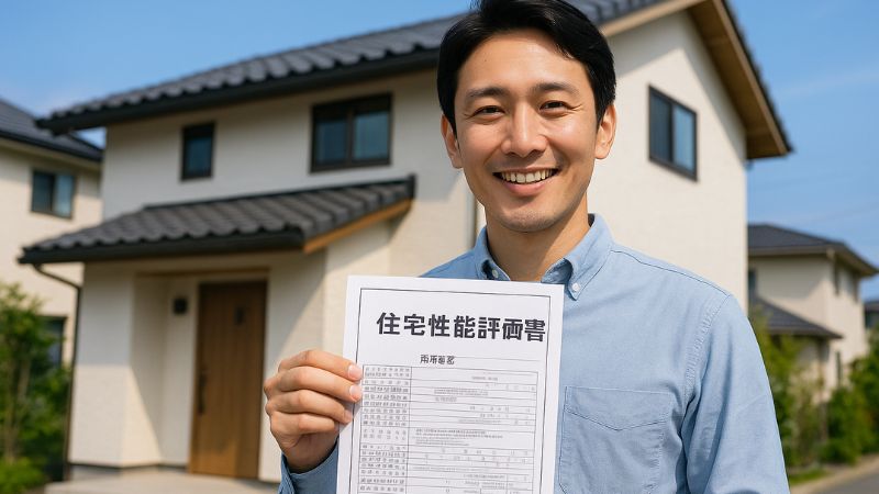 新築の耐震等級3住宅の前で証明書を手に笑顔を見せる日本人男性、晴天の屋外の様子