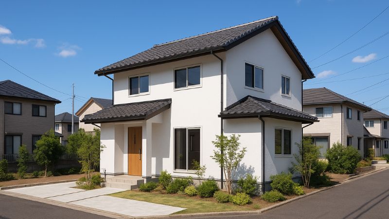 青空の下に建つ耐震等級3の木造住宅と整った庭の外観、資産価値を長く保つ様子