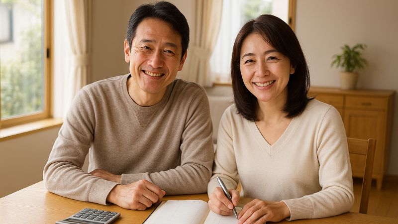 耐震等級3住宅で暮らす日本人夫婦が家計簿を見ながら安心した表情を見せるリビングの様子