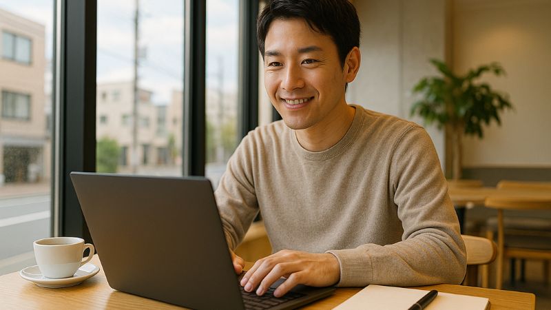 耐震等級3の自宅近くのカフェでパソコン作業をする日本人男性とコーヒーのあるテーブル