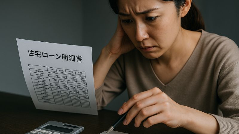 耐震等級3住宅のローン明細と電卓を見つめる日本人女性の手元、家計負担を計算する様子