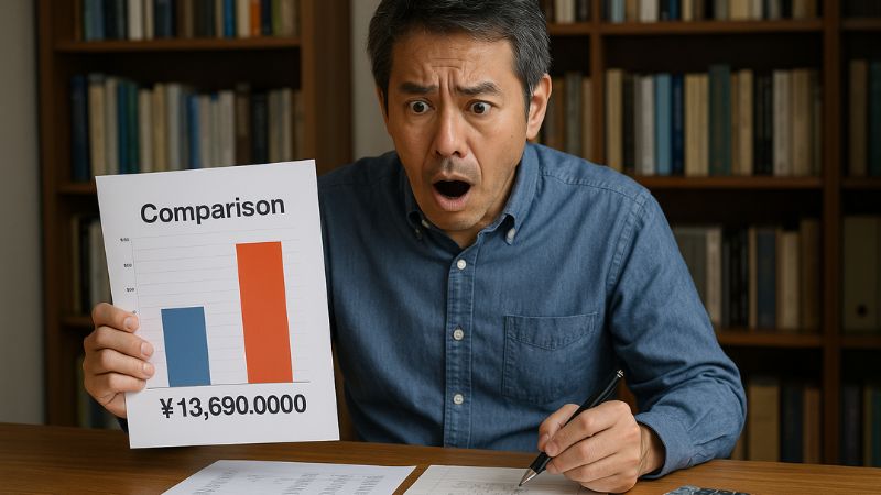 耐震等級3住宅のローン試算結果を前に金額差に驚く日本人男性、室内での真剣な表情