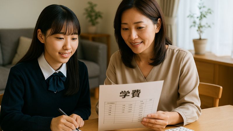 耐震等級3住宅のリビングで学費資料を見ながら話す日本人母子、将来の家計計画を立てる場面