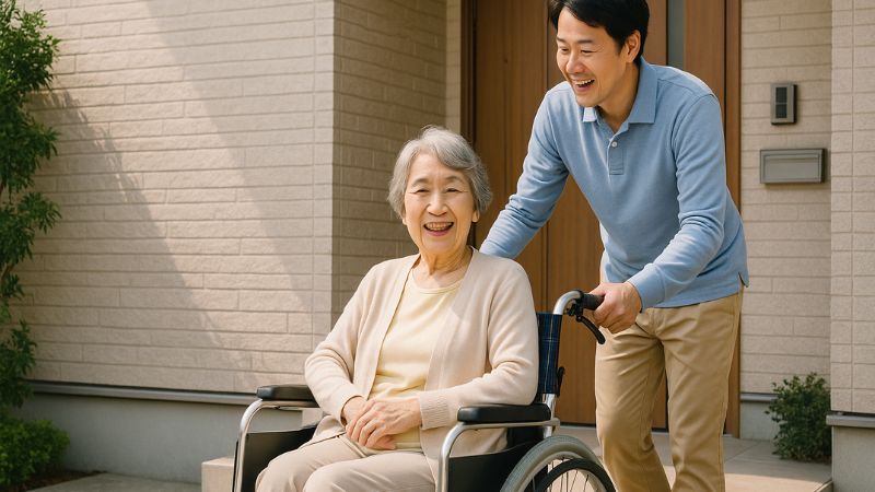 耐震等級3住宅の玄関先で車椅子を押す日本人男性と高齢の母、家族の温かな日常風景