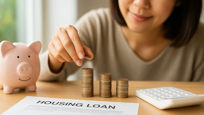 耐震等級3住宅のローン契約書と貯金箱の横で硬貨を積み上げる日本人女性の手元、明るい窓辺