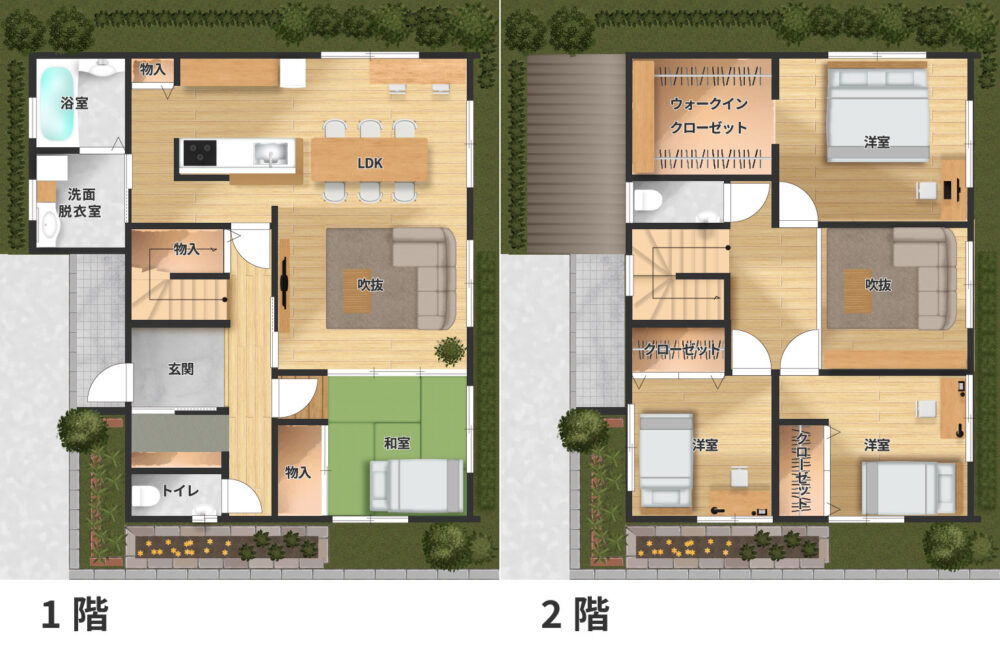 吹き抜けを中心に、緩やかにつながる家族の空間設計