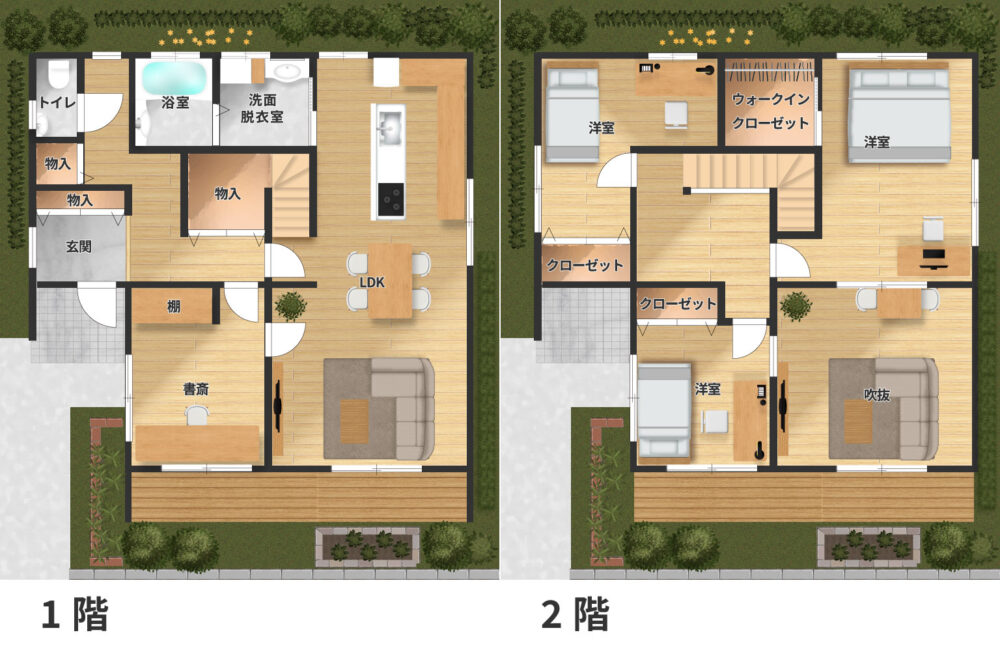 吹き抜けと書斎が彩る、ゆとりある2階建てプラン