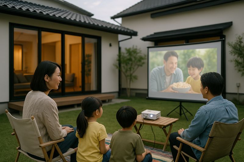 中庭で遊ぶ家族とくつろぎの時間