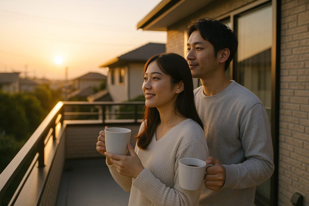 バルコニーで朝日とコーヒーを味わう