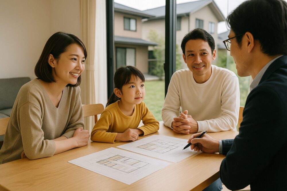 家族と建築士が話し合う家づくり風景
