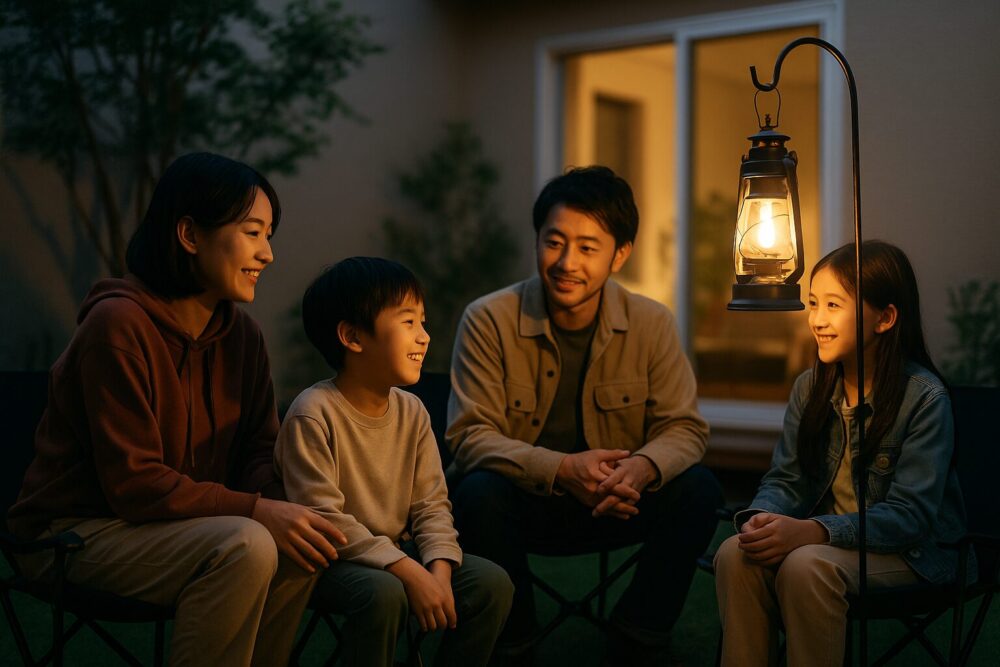 ランタンの灯りでくつろぐ家族の夜