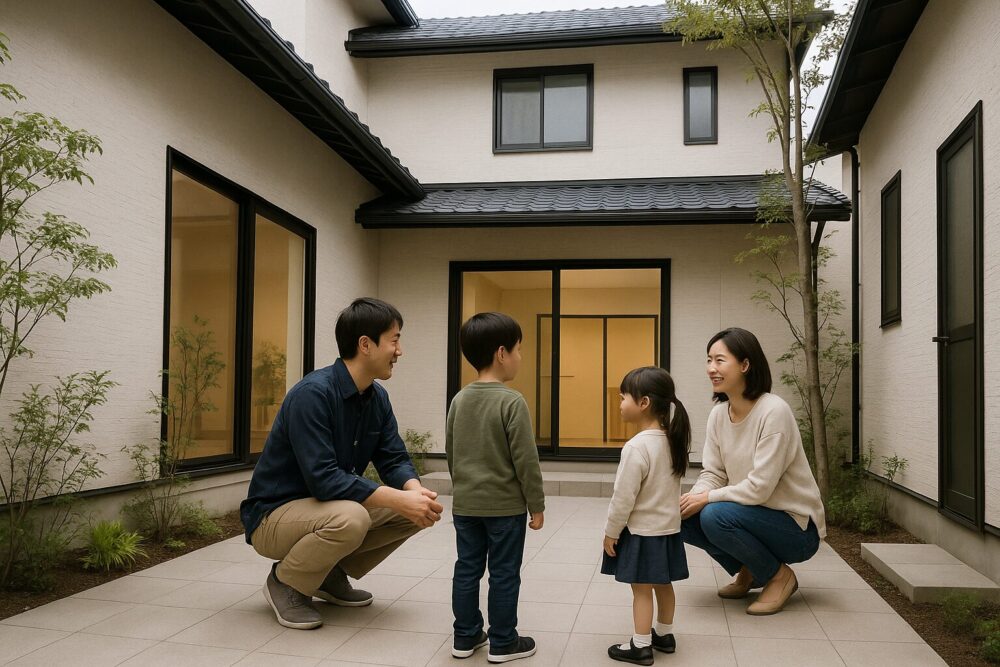 避難場所として集まる中庭の様子