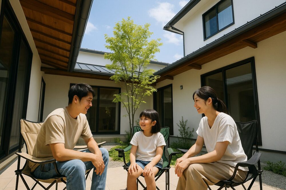 夫婦と子供が軒下で快適に過ごす夏の中庭