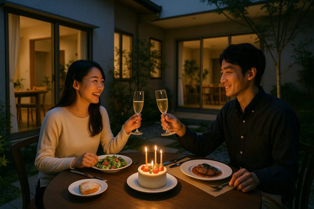 若い夫婦が記念日を祝う夜の中庭ディナー