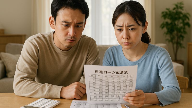 ローン返済表を見ながら将来を考える日本人夫婦のリビング風景