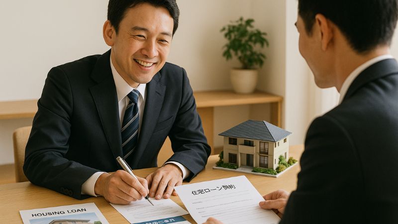 住宅ローンの優遇制度を活用して契約を行う日本人男性の場面