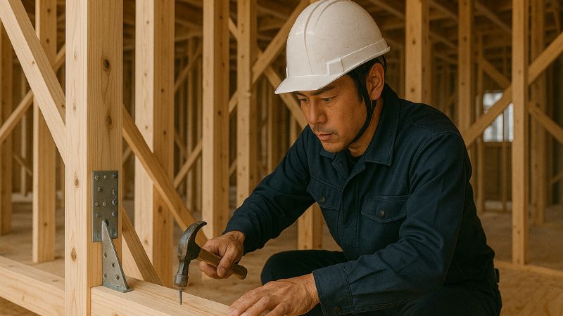 耐震補強施工中の木造住宅現場で作業する日本人の大工