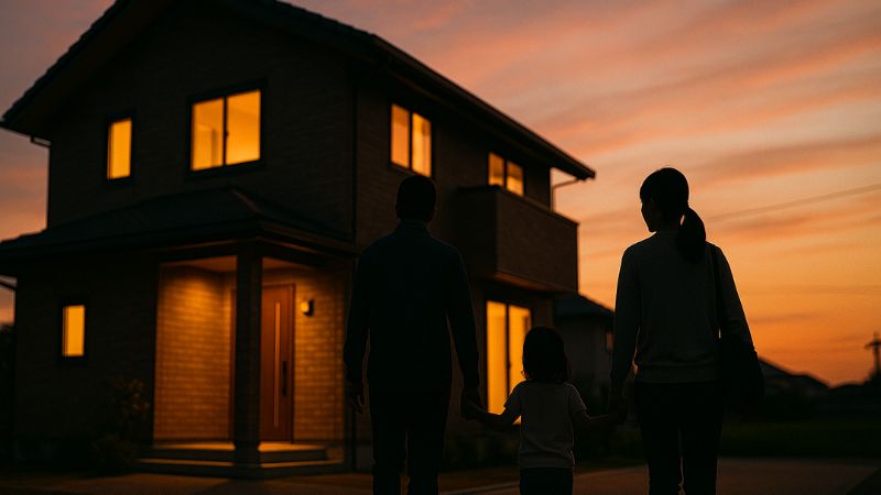 夕暮れの住宅街を家族で歩く日本人家族と安心感のある戸建て住宅