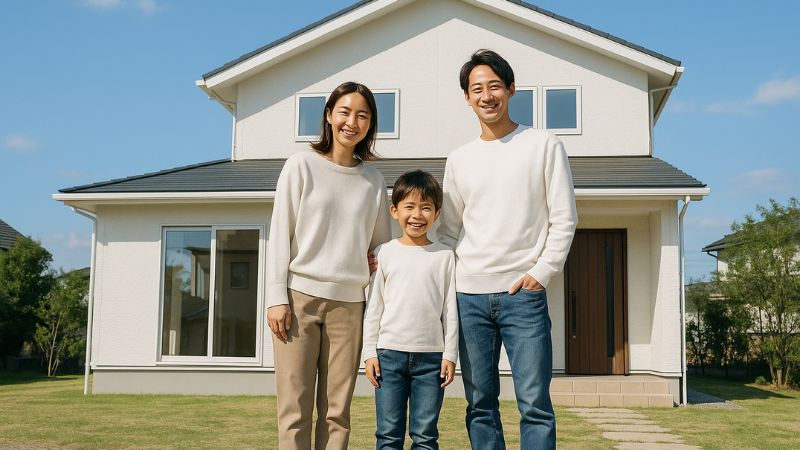 耐震等級3の新築住宅の前で笑顔を見せる日本人家族の記念撮影