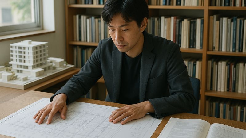 耐震等級3に対応した耐震設計図面を確認する日本人建築士