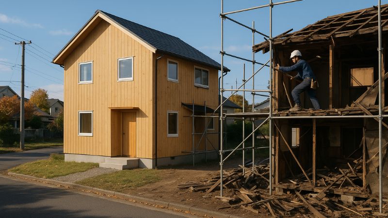耐震等級3の新築住宅と古家解体現場が並ぶ郊外の住宅街の風景
