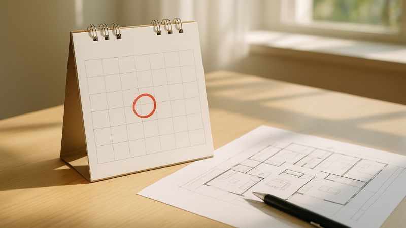 耐震等級3の住宅計画期限を赤丸で示したカレンダーと設計図の机上