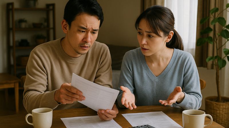 耐震等級3の住宅税軽減内容を相談する日本人夫婦の室内風景