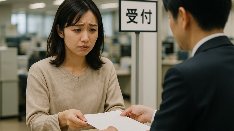 耐震等級3の住宅申請書類を役所窓口で受け取る日本人女性