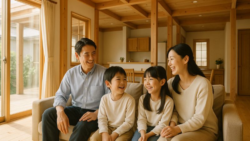 安心できる耐震住宅で家族がくつろぐ日本のリビング風景