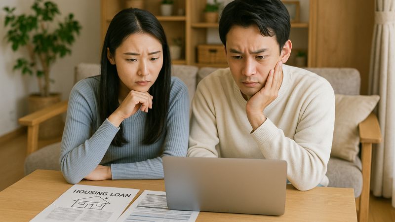 住宅ローンや保険制度について話し合う日本人夫婦の室内風景