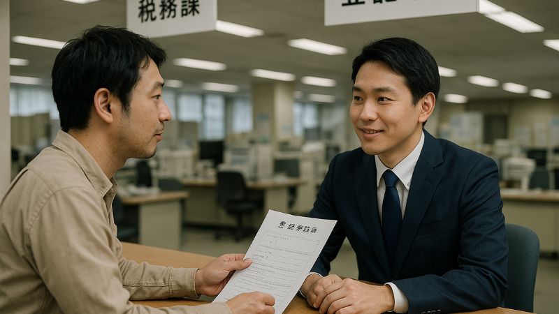 登記や税の手続きを市役所で相談する日本人男性