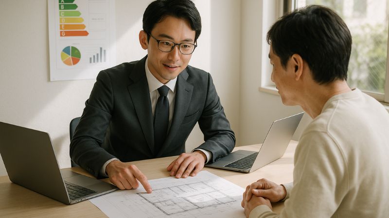 省エネ証明や設計図面を確認する日本人の建築士と施主の打ち合わせ風景