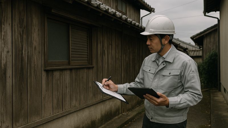 中古住宅の耐震調査を行う日本人建築士の現場風景