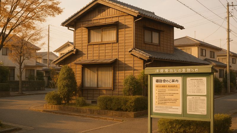 富山県の住宅街と補助金案内の掲示がある地域の風景