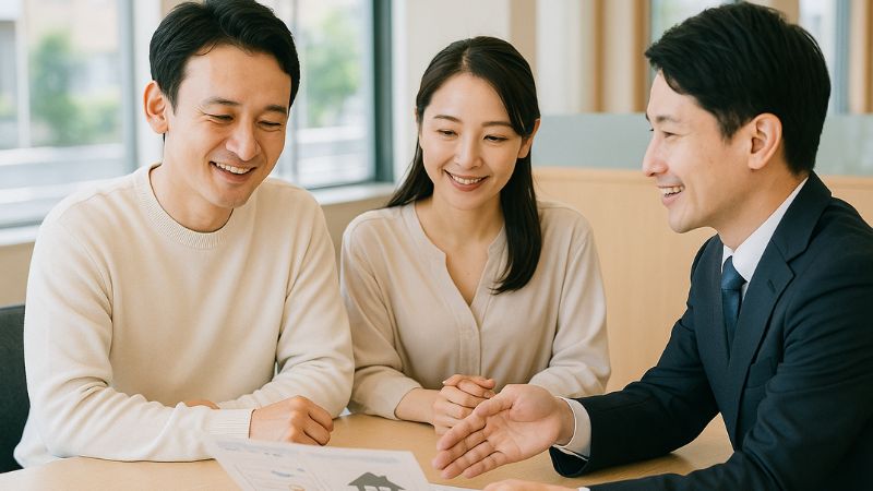 フラット35Sについて金融機関で説明を受ける日本人夫婦