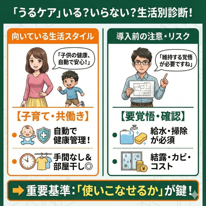 一条工務店うるケア：向き不向きな生活と後悔リスク比較図