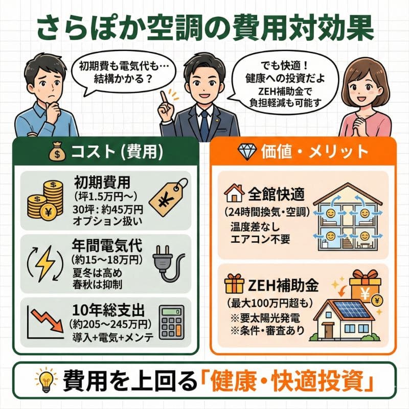 一条工務店さらぽか空調の費用と快適性・補助金の比較図解