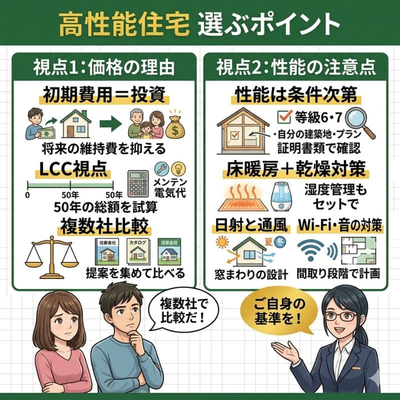 一条工務店の高性能住宅を選ぶ際の価格と性能の注意点を解説するインフォグラフィック。