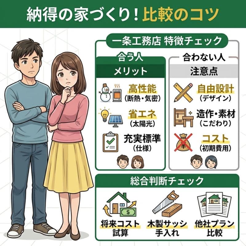 一条工務店の特徴比較。合う人・合わない人と納得の家づくりのコツをまとめた図解。