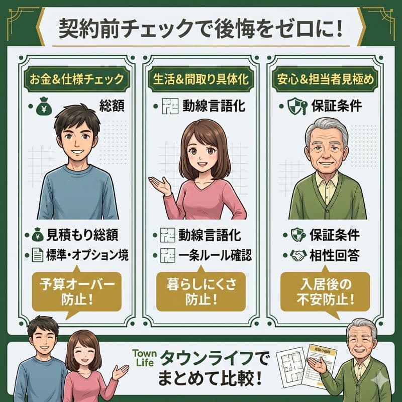 一条工務店の契約前。お金、間取り、保証のチェックで後悔をゼロにする図解。