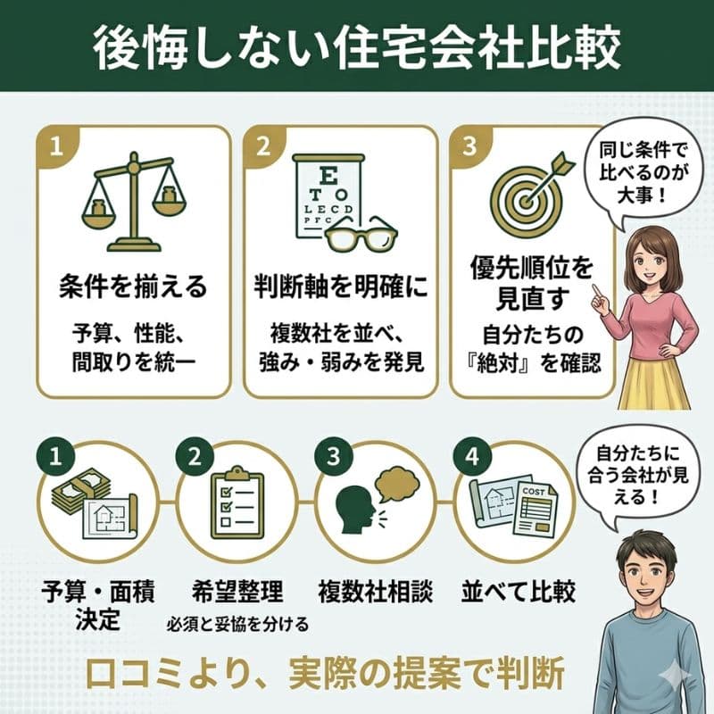 後悔しない一条工務店選び。同じ条件で複数社を比較する手順のインフォグラフィック。