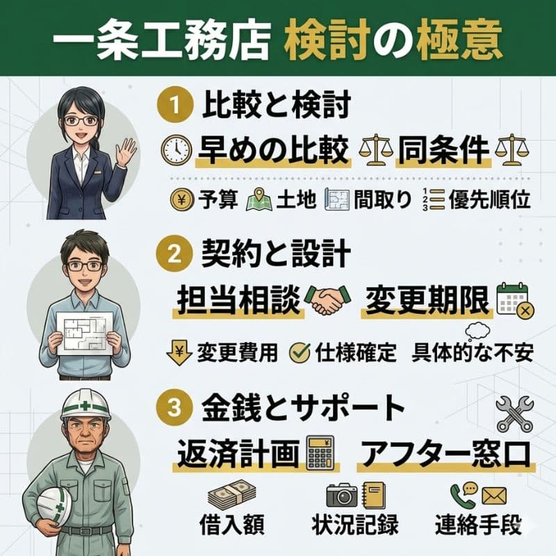 一条工務店検討の極意。比較、契約・設計、金銭・サポートの3ステップを図解。