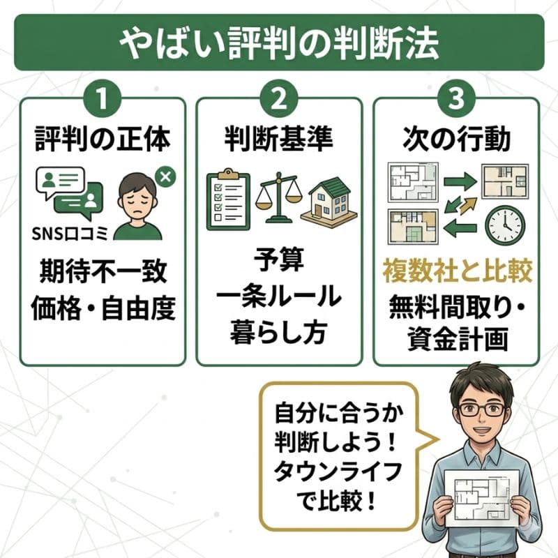 一条工務店の評判判断法を3ステップで解説するインフォグラフィック