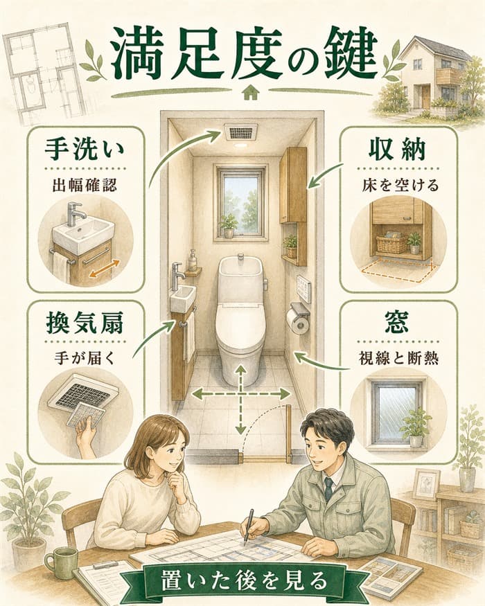 手洗い収納換気扇窓が満足度に影響する図解