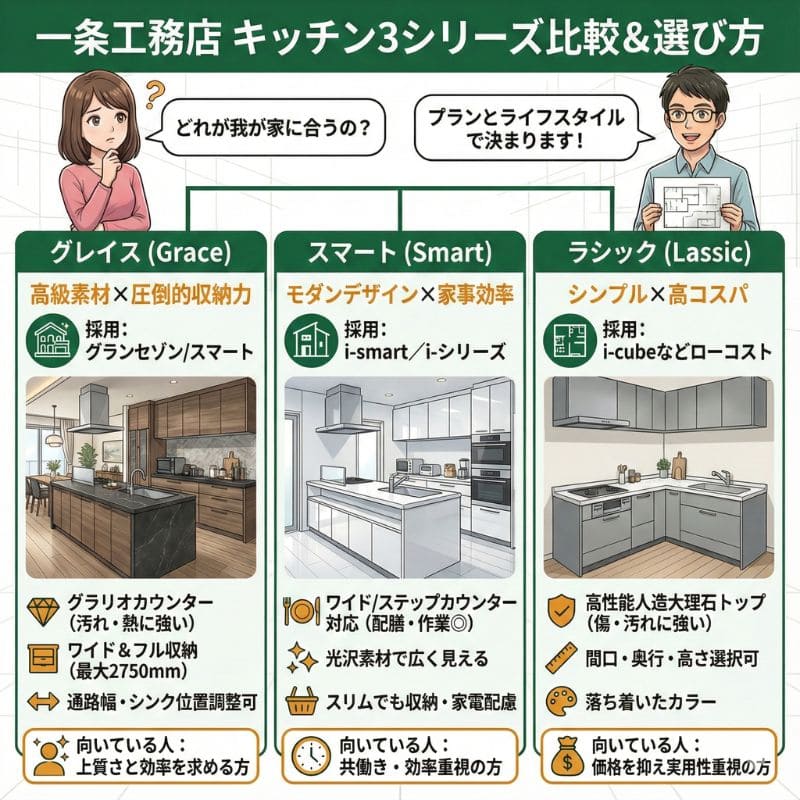 一条工務店のキッチン3シリーズ比較インフォグラフィック