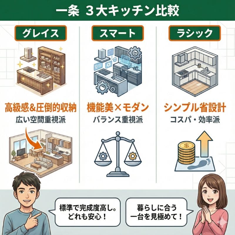 一条工務店の3大キッチン特徴比較図