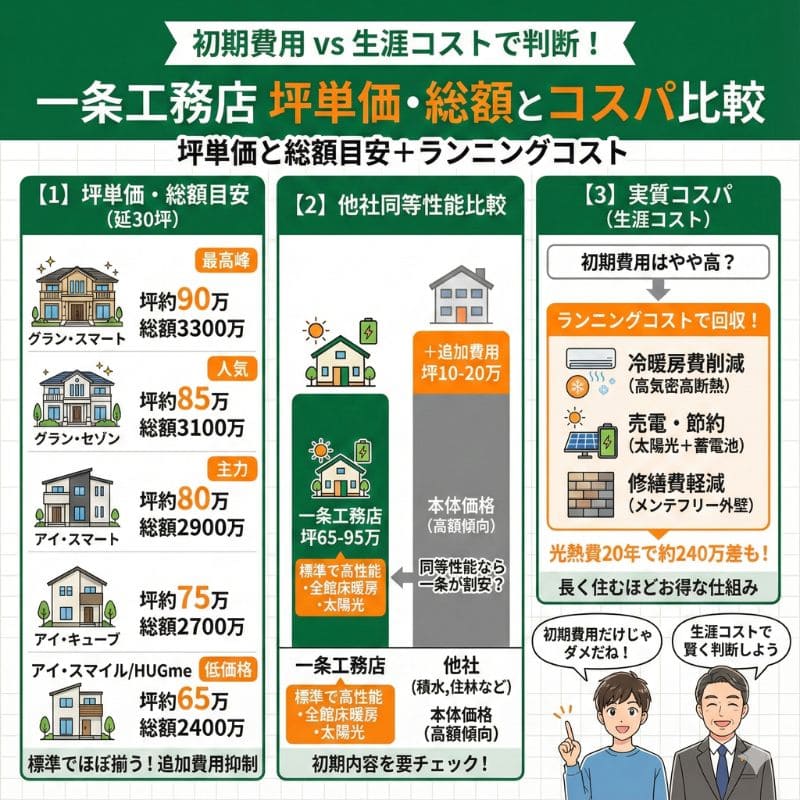 一条工務店の全商品ラインナップ比較図。価格と性能で選ぶ。