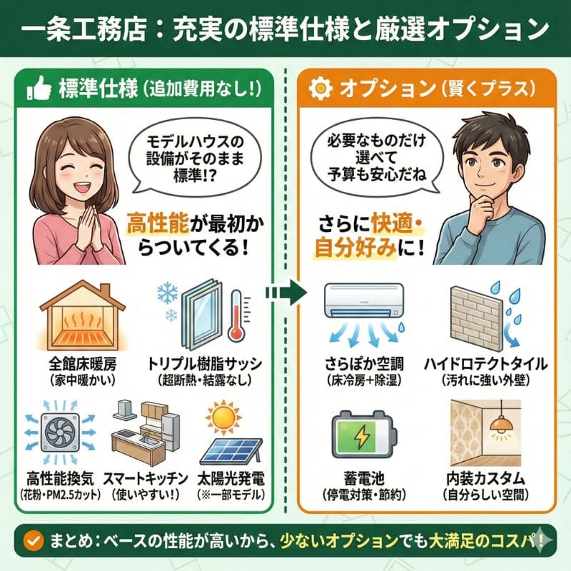 一条工務店の充実した標準仕様と厳選オプション比較図