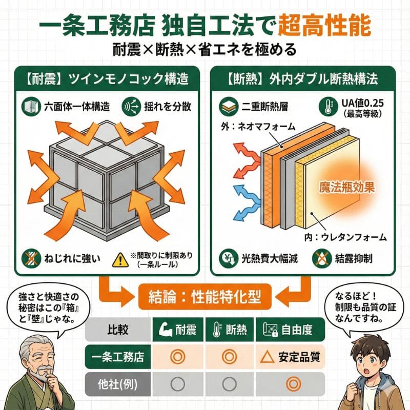 一条工務店の独自工法。耐震・断熱の仕組みを解説した図。