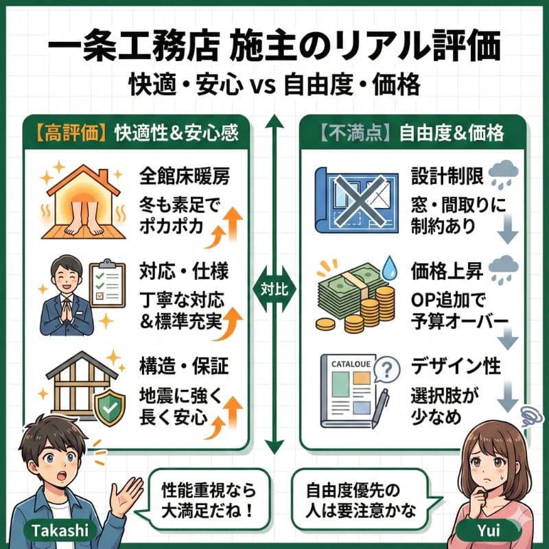 一条工務店の施主口コミ。快適性・安心感と自由度・価格の対比図。